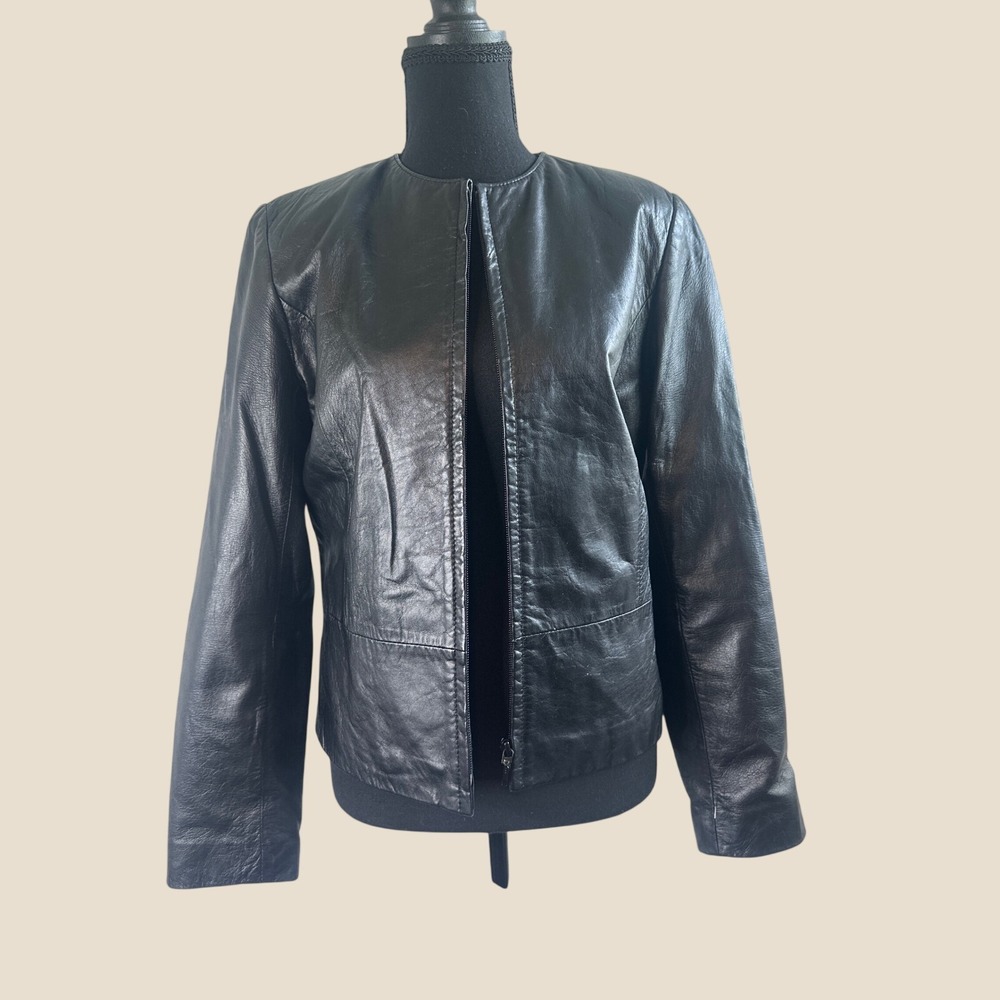 Yvonne Marie Black Lamb Leather Jacket Women 4 Collarless Zip Front Moto Minimal